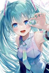 Rule 34 | 1girl, :d, aqua hair, aqua nails, aqua necktie, arm at side, bare shoulders, beamed eighth notes, blue eyes, blurry, breasts, collared shirt, depth of field, detached sleeves, eighth note, flower in eye, gem, gem (symbol), grey shirt, hand up, happy, hatsune miku, highres, holding, looking at viewer, musical note, nail polish, necktie, open mouth, pleated skirt, samo cha, shirt, shoulder tattoo, skirt, smile, solo, sparkle, symbol in eye, tattoo, treble clef, twintails, upper body, vocaloid, white background