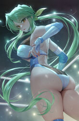 1girl absurdres ass bare_shoulders breasts commentary_request commission elbow_gloves fingerless_gloves from_behind gloves green_hair highres huge_ass large_breasts long_hair looking_at_viewer looking_back low_ponytail median_furrow multicolored_leotard pixiv_commission ruhee sakurai_chisato solo sweat very_long_hair wrestle_angels wrestler wrestling_outfit yellow_eyes