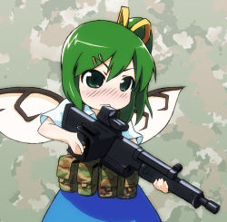 Rule 34 | 1girl, anti-materiel rifle, camouflage, daiyousei, denel, denel land systems, direct-fire grenade launcher, drum magazine, embodiment of scarlet devil, eotech, female focus, gemaco elbree precision engineering and manufacturing, gemaco elbree pty, green eyes, green hair, grenade launcher, gun, inkunzi paw, kusaba, kusaba (kusabashiki), load bearing vest, magazine (weapon), matching hair/eyes, neopup marketing, neopup paw-20, pmp denel land systems, rifle, rotary magazine, semi-automatic firearm, semi-automatic grenade launcher, short hair, side ponytail, sniper rifle, solo, touhou, trigger discipline, weapon, wings