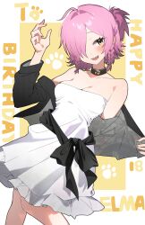 Rule 34 | 1girl, absurdres, artist self-insert, blush, braid, breasts, cleavage, collar, commentary, dress, elma07, hair intakes, hair over one eye, half updo, hand up, happy birthday, highres, jacket, looking at viewer, medium breasts, off shoulder, open mouth, original, pink hair, sash, sharp teeth, short hair, side braids, solo, strapless, strapless dress, teeth, yellow eyes