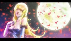Rule 34 | 1girl, bad id, bad pixiv id, blonde hair, breasts, cleavage, elbow gloves, full moon, gloves, kiss-shot acerola-orion heart-under-blade, large breasts, letterboxed, long hair, looking at viewer, monogatari (series), moon, night, no bra, oshino shinobu, outdoors, petals, s.h.v, sky, solo, star (sky), starry sky, yellow eyes