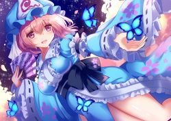 Rule 34 | 1girl, animal, blue hat, blue kimono, blush, bug, butterfly, folding fan, frilled kimono, frills, hair between eyes, hand fan, hat, holding, holding fan, insect, japanese clothes, kimono, long sleeves, mob cap, open mouth, pink eyes, pink hair, saigyouji yuyuko, short hair, smile, solo, touhou, triangular headpiece, unory, wide sleeves