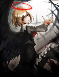Rule 34 | 1girl, black nails, black skirt, black vest, black wings, blonde hair, blood, bloody tears, closed mouth, collar, collared shirt, ex-rumia, expressionless, feathered wings, frilled collar, frilled skirt, frills, halo, highres, injury, long sleeves, looking at viewer, nail polish, red eyes, rumia, shirt, short hair, skirt, solo, spark621, touhou, vest, wings