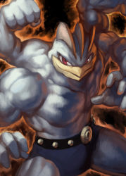 Rule 34 | aura, belt, black background, clenched hand, creatures (company), extra arms, fighting stance, game freak, gen 1 pokemon, machamp, muscular, nintendo, no humans, pokemon, pokemon (creature), red eyes, smile, solo, yilx