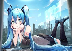 Rule 34 | 1girl, :3, absurdres, ahoge, aqua eyes, arm tattoo, black footwear, black skirt, black sleeves, blue hair, boots, closed mouth, collared shirt, day, detached sleeves, full body, grey shirt, hair between eyes, hair ornament, hatsune miku, head rest, headphones, headset, high heel boots, high heels, highres, kusunokimizuha, long hair, long sleeves, looking at viewer, lying, microphone, miniskirt, number tattoo, on stomach, outdoors, pleated skirt, shirt, skirt, sleeveless, sleeveless shirt, solo, tattoo, the pose, thigh boots, thighhighs, twintails, very long hair, vocaloid, wing collar, zettai ryouiki