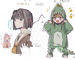 Rule 34 | 3girls, :o, anyoji hime, black hair, blunt bangs, blunt ends, blush, braid, brown dress, brown hair, center-flap bangs, claw pose, closed eyes, closed mouth, cropped torso, dinosaur costume, dress, english text, flower, flower knot, full body, green eyes, hair flower, hair ornament, hasu no sora school uniform, hood, hooded jacket, jacket, kachimachi kosuzu, link! like! love live!, long hair, long sleeves, love live!, mixed-language text, momose ginko, multi-tied hair, multiple girls, multiple views, neckerchief, notice lines, open clothes, open jacket, open mouth, pink eyes, pink hair, pink jacket, platunoy 787, ponytail, sailor collar, sailor dress, school uniform, short hair, side braids, sidelocks, simple background, standing, swept bangs, thai text, virtual youtuber, white background, white sailor collar, winter uniform, yellow neckerchief