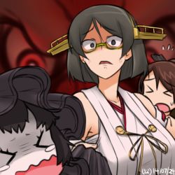 Rule 34 | &gt; &lt;, 10s, 3girls, abyssal ship, anger vein, black hair, brown hair, colored skin, detached sleeves, closed eyes, glasses, grey eyes, grey hair, hairband, hamu koutarou, isolated island oni, kantai collection, kirishima (kancolle), lolita hairband, long hair, multiple girls, nontraditional miko, ponytail, shaded face, shikinami (kancolle), short hair, sketch, tears, wavy mouth, white skin, wide-eyed