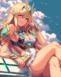 Rule 34 | bare shoulders, blonde hair, breasts, chest jewel, cleavage, cleavage cutout, clothing cutout, dress, earrings, elbow gloves, gloves, headpiece, itzah, jewelry, large breasts, long hair, microdress, mythra (xenoblade), pixel art, swept bangs, tiara, very long hair, white dress, white gloves, xenoblade chronicles (series), xenoblade chronicles 2, yellow eyes