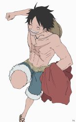 Rule 34 | 1boy, ^ ^, ^o^, black hair, clenched hand, closed eyes, closed eyes, hat, unworn hat, unworn headwear, highres, holding, holding clothes, holding shirt, male focus, monkey d. luffy, one piece, scar, scar on chest, shirt, shorts, smile, solo, straw hat, topless male, ufkqz, white background