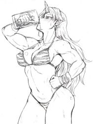Rule 34 | 1girl, bikini, blush, breasts, cleavage, cowboy shot, cup, drinking, drinking glass, earrings, greyscale, halterneck, halterneck, horns, hoshiguma yuugi, jewelry, large breasts, long hair, monochrome, muscular, muscular female, navel, pointy ears, simple background, single horn, solo, star (symbol), stomach, sweat, swimsuit, touhou, tsurui, white background