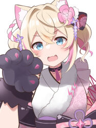 Rule 34 | 1girl, animal ear fluff, animal ears, animal hands, black collar, black sash, blonde hair, blue eyes, collar, dog ears, dog girl, dog paws, fang, flower, hair flower, hair ornament, highres, hololive, hololive english, japanese clothes, kimono, looking at viewer, mococo abyssgard, mococo abyssgard (new year), multicolored hair, nero (starlightbrakerexfb), obi, official alternate costume, pink hair, pink kimono, sash, short hair, skin fang, solo, streaked hair, twintails, virtual youtuber, white background