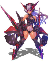 Rule 34 | 1girl, armor, armored boots, bare shoulders, bodysuit, boots, breasts, cleavage, cleavage cutout, clothing cutout, gauntlets, gradient hair, headgear, leotard, long hair, looking at viewer, mk-5, multicolored hair, original, pink eyes, red eyes, silver hair, solo, spread legs, standing, thigh boots, thighhighs, thighs, very long hair