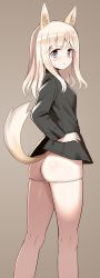 Rule 34 | 1girl, absurdres, animal ears, ass, bad id, bad twitter id, blonde hair, blue eyes, blush, brown background, butt crack, fox ears, fox tail, frown, glastonbury1966, highres, long hair, military, military uniform, ottilie kittel, panties, panty pull, simple background, solo, strike witches, tail, underwear, uniform, white panties, world witches series