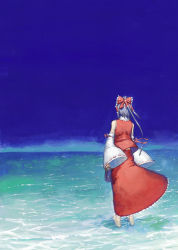 Rule 34 | 1girl, bad id, bad pixiv id, barefoot, chomoran, detached sleeves, female focus, from behind, hakurei reimu, holding, holding shoes, japanese clothes, miko, ocean, shoes, solo, touhou, wading, water, wind