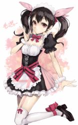 Rule 34 | 10s, 1girl, ankle ribbon, black hair, bow, brown eyes, garter straps, hair ribbon, leg ribbon, long hair, love live!, love live! school idol project, maid, maid headdress, mary janes, mogyutto &quot;love&quot; de sekkin chuu!, ribbon, shoes, shrimpman, solo, thighhighs, twintails, wristband, yazawa nico