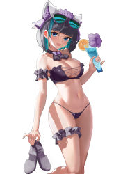 Rule 34 | 1girl, absurdres, alternate costume, animal ears, aqua eyes, arm garter, arms up, azur lane, bikini, black hair, blush, breasts, bridal garter, cat ears, cheshire (azur lane), cheshire (summery date!) (azur lane), cleavage, commentary request, cup, drinking glass, eyewear on head, fake animal ears, frills, hairband, highres, holding, holding shoes, l.j., large breasts, looking at viewer, multicolored hair, navel, open mouth, purple bikini, ribbon, sarong, see-through, shoes, unworn shoes, simple background, sitting, smile, solo, stomach, strapless, strapless bikini, streaked hair, sunglasses, swimsuit, thigh strap, thighs, tinted eyewear, white background, wrist ribbon