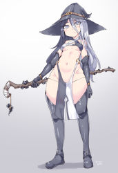Rule 34 | 1girl, ball, bare shoulders, black panties, bracelet, breasts, dated, elbow gloves, full body, gloves, gradient background, grey background, grey eyes, grey theme, grey thighhighs, hair between eyes, halterneck, hat, highres, holding, holding staff, jewelry, long hair, looking at viewer, multicolored hair, navel, original, panties, pelvic curtain, revealing clothes, see-through, silver bell, silver hair, simple background, solo, split-color hair, staff, standing, thighhighs, two-tone hair, underwear, very long hair, white background, witch, witch hat