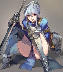 Rule 34 | armor, blue hair, highres, red eyes, sitting, sword, thick thighs, thighs, unicorn overlord, virginia (unicorn overlord), weapon