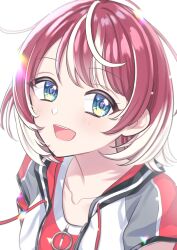 Rule 34 | 1girl, blue eyes, collarbone, commentary request, drawstring, highres, idolmaster, idolmaster va-liv, jacket, kamizurucosmo, light blush, looking at viewer, multicolored clothes, multicolored hair, multicolored jacket, open mouth, red hair, red shirt, shirt, short hair, smile, solo, sparkling eyes, sunlight, teeth, tomori manaka, two-tone hair, upper body, upper teeth only, virtual youtuber, white background, white hair, white jacket, zipper pull tab