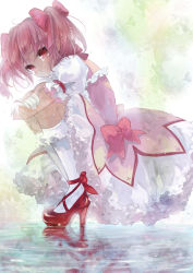 Rule 34 | 10s, 1girl, bobby socks, bow, bubble skirt, dress, frilled dress, frills, gloves, hair bow, high heels, highres, hugging own legs, kaname madoka, magical girl, mahou shoujo madoka magica, mahou shoujo madoka magica (anime), pink eyes, pink hair, pisuke, red footwear, reflection, sad, shoes, short hair, short twintails, skirt, socks, solo, squatting, tears, twintails, wet