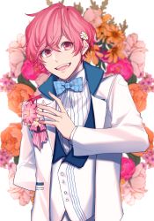 Rule 34 | 1boy, ashu yuuta, b-project, bow, bowtie, fang, flower, freckles, hair flower, hair ornament, highres, male focus, open mouth, pink hair, purple eyes, rukito, smile, solo
