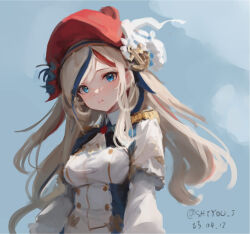 Rule 34 | 1girl, anchor hair ornament, beret, blonde hair, blue background, blue eyes, blue hair, breasts, closed mouth, commandant teste (kancolle), dated, epaulettes, hair ornament, hat, highres, kantai collection, long hair, long sleeves, looking at viewer, medium breasts, military, military uniform, multicolored hair, one-hour drawing challenge, red hair, red hat, shidou (shiyou j), simple background, solo, streaked hair, twitter username, uniform, upper body