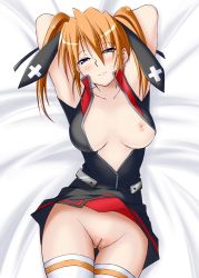Rule 34 | 00s, 1girl, blue eyes, blush, breasts, large breasts, lyrical nanoha, mahou shoujo lyrical nanoha, mahou shoujo lyrical nanoha strikers, no panties, open clothes, open shirt, orange hair, pussy, shirt, smile, solo, teana lanster, thigh gap, thighhighs, third-party edit, uncensored