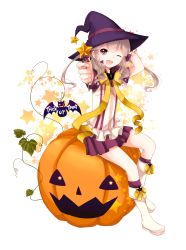 Rule 34 | 1boy, akaimo satsuma, bad id, bad pixiv id, bat (animal), boots, bow, crossdressing, fang, goma (11zihisin), grey hair, halloween, hand on headwear, hat, highres, jack-o&#039;-lantern, knee boots, kneehighs, male focus, musical note, one eye closed, open mouth, original, outstretched arm, plant, pumpkin, purple eyes, purple socks, sitting, sitting on object, skirt, socks, solo, star (symbol), starry background, trap, trick or treat, vines, wand, wink, witch hat
