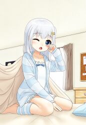 Rule 34 | 1girl, blanket, blue jacket, blush, bulletin board, camisole, collarbone, commentary request, crescent, crescent hair ornament, curtains, drawer, frilled camisole, frilled shorts, frills, grey hair, hair ornament, highres, indoors, jacket, leg warmers, long sleeves, on bed, one eye closed, one side up, open mouth, original, rubbing eyes, shorts, sidelocks, sitting, sleepy, sleeves past wrists, solo, striped clothes, striped jacket, wariza, white camisole, white shorts, window, yutuki ame