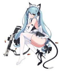 Rule 34 | 1girl, absurdres, animal ears, bebetang, blue hair, fake animal ears, goddess of victory: nikke, high heels, highres, looking at viewer, maid, privaty (nikke), privaty (unkind maid) (nikke), shotgun shell, tail, thighhighs, weapon, white background, white thighhighs