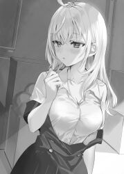 Rule 34 | 1girl, absurdres, ahoge, alisa mikhailovna kujou, blush, box, breasts, buttons, cleavage, clenched hand, collarbone, collared shirt, commentary request, crop top, crossed bangs, dress, embarrassed, framed breasts, frown, greyscale, hair over shoulder, highres, indoors, long hair, looking to the side, loose clothes, loose shirt, medium breasts, momoko (momopoco), monochrome, nose blush, parted bangs, parted lips, partially undressed, school uniform, shirt, short sleeves, sidelocks, solo, tokidoki bosotto roshia-go de dereru tonari no arya-san, upper body, v-shaped eyebrows, window