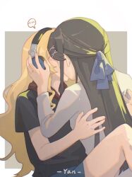 Rule 34 | 2girls, artist name, black shirt, blonde hair, blue bow, blue shorts, blush, bow, brown hair, commentary, covered face, face-to-face, grey background, hair bow, hair ornament, half updo, hand on headphones, hand up, hands on another&#039;s back, hands up, headphones, highres, kiss, knee up, long hair, long sleeves, multiple girls, saijou claudine, shirt, short sleeves, shorts, shoujo kageki revue starlight, sidelocks, sitting, speech bubble, spoken blush, tendou maya, two-tone background, upper body, white background, white shirt, x hair ornament, yanlingjinshilihuahua, yuri