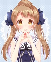 Rule 34 | 10s, 1girl, alternate hairstyle, blue bow, blush, bow, brown eyes, brown hair, crossed fingers, hair bow, highres, lace trim, long hair, looking at viewer, love live!, love live! school idol festival, love live! school idol project, minami kotori, nameneko (124), neck ribbon, ribbon, sailor collar, sleeveless, smile, solo, twintails, upper body, x fingers