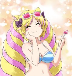 Rule 34 | 1girl, animal ears, bikini, blonde hair, blush, breasts, cake, cat ears, cleavage, closed eyes, closed mouth, eating, female focus, food, fork, hair ornament, hair ribbon, kousei (public planet), long hair, mashima himeko (show by rock!!), multicolored hair, pink hair, ribbon, show by rock!!, simple background, solo, sparkle background, striped bikini, striped clothes, swimsuit, twintails, upper body