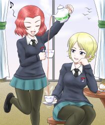 Rule 34 | 2girls, arm up, bird, black footwear, black necktie, black pantyhose, black tea, blonde hair, blue eyes, blue skirt, blue sweater, braid, chair, closed eyes, commentary, cup, curtains, darjeeling (girls und panzer), day, dessert, dress shirt, eighth note, elbow rest, emblem, food, fork, girls und panzer, hand on own chin, harukai-i, highres, holding, holding cup, holding saucer, holding teapot, indoors, leg up, long sleeves, looking at another, maritozzo, medium hair, miniskirt, motion lines, multiple girls, musical note, necktie, open mouth, pantyhose, pleated skirt, pouring, red hair, rosehip (girls und panzer), saucer, school uniform, shirt, shoes, short hair, sitting, skirt, smile, spilling, spoken musical note, st. gloriana&#039;s (emblem), st. gloriana&#039;s school uniform, standing, standing on one leg, sweater, table, tea, teacup, teapot, twin braids, v-neck, white shirt, window, wing collar