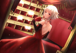 Rule 34 | 1girl, absurdres, back, bare back, commission, curtains, dress, earrings, elbow gloves, fire emblem, fire emblem heroes, floral print, gem, gloves, grey hair, hand fan, highres, holding, holding fan, indoors, jewelry, light particles, light smile, long dress, looking at viewer, nei (aduma1120ponpon), nintendo, official alternate hairstyle, red eyes, short hair, sidelocks, skeb commission, smile, tareme, tassel, theater, veronica (fire emblem)