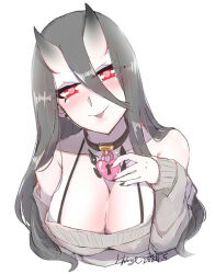 Rule 34 | 1girl, abyssal ship, battleship princess, black choker, black hair, breasts, choker, grey sweater, hair between eyes, heart lock (kantai collection), hi ye, highres, horns, kantai collection, large breasts, long hair, long sleeves, looking at viewer, off-shoulder sweater, off shoulder, pale skin, red eyes, skin-covered horns, smile, solo, sweater, tongue, tongue out, upper body, very long hair, white background