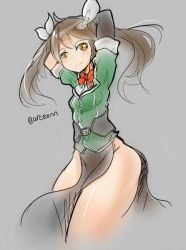 Rule 34 | 10s, 1girl, arceonn, arms behind head, bare legs, black hair, breasts, brown eyes, kantai collection, long hair, narrow waist, pelvic curtain, simple background, single sleeve, small breasts, smile, solo, thick thighs, thighs, tone (kancolle), tone kai ni (kancolle), twintails, wide hips