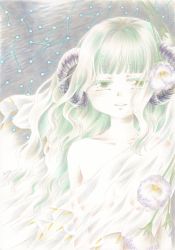 Rule 34 | 1girl, arms at sides, blunt bangs, blush, breasts, collarbone, colored eyelashes, colored skin, curled horns, eyes visible through hair, flower, flower request, futaba sana, green eyes, green hair, grey background, grin, horns, kinoji, long hair, looking at viewer, magia record: mahou shoujo madoka magica gaiden, mahou shoujo madoka magica, parted lips, sidelocks, smile, solo, teeth, traditional media, uwasa no sana, veil, wavy hair, white flower, white skin, wind