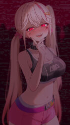 Rule 34 | 1girl, :d, black collar, black nails, black sports bra, blonde hair, blush, breasts, cleavage, collar, facial tattoo, glowing, glowing eyes, goddess of victory: nikke, gradient hair, hand on own chin, heart, heart tattoo, highres, jackal (nikke), large breasts, long hair, looking at viewer, low twintails, midriff, multicolored belt, multicolored hair, nail polish, navel, omochi popo, open mouth, pink hair, pink shorts, red eyes, short shorts, shorts, side ponytail, sidelocks, smile, solo, spiked collar, spikes, sports bra, streaked hair, tattoo, teeth, twintails, upper teeth only