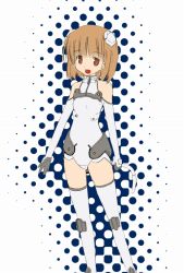 Rule 34 | 00s, 1girl, :d, akane souichi, bare shoulders, boots, breasts, brown eyes, brown hair, elbow gloves, flat color, gloves, halftone, halterneck, headgear, leotard, looking at viewer, motionslit, open mouth, outline, pilot suit, sakurano otoha, short hair, sky girls, small breasts, smile, solo, standing, thigh boots, thighhighs, turtleneck, white footwear, white thighhighs