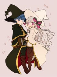 Rule 34 | 1boy, 1girl, artist request, belt, blue hair, book, boots, coat, costume, fate/grand order, fate (series), flat color, full body, hair ribbon, hans christian andersen (fate), hat, long hair, looking at viewer, nursery rhyme (fate), ribbon, simple background, star (symbol), white hair