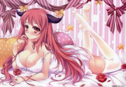 Rule 34 | 10s, 1girl, absurdres, apple effect, ass, babydoll, bed sheet, blush, bow, breasts, cleavage, curtains, curvy, feet, feet up, flower, highres, horns, large breasts, long hair, looking at viewer, lying, maou (maoyuu), maoyuu maou yuusha, murasakio, no shoes, on stomach, polka dot, red eyes, red hair, roldelos, rose, soles, solo, strap slip, the pose, thighhighs, toes, white thighhighs
