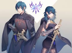Rule 34 | 1boy, 1girl, armor, ass, black cape, black gloves, black pants, black shirt, black skirt, blue eyes, blue hair, breasts, byleth (female) (fire emblem), byleth (fire emblem), byleth (male) (fire emblem), cape, closed mouth, cowboy shot, dual persona, fire emblem, fire emblem: three houses, gloves, grey background, grey jacket, hair between eyes, highres, holding, holding sword, holding weapon, jacket, knife, kyounatsuuu, lace, lace legwear, looking at viewer, medium breasts, medium hair, miniskirt, nintendo, pants, pantyhose, pantyhose under shorts, shirt, short hair, shorts, shoulder armor, skirt, strapless, strapless shirt, sword, vambraces, weapon
