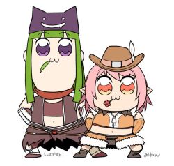 Rule 34 | 2girls, :3, arms behind back, assassin cross (ragnarok online), bkub (style), blunt bangs, boots, brown footwear, brown gloves, brown headwear, brown shirt, brown shorts, brown skirt, brown vest, chibi, closed mouth, commentary request, cowboy hat, crop top, deviruchi hat, elbow gloves, flower in mouth, full body, fur-trimmed shirt, fur-trimmed shorts, fur trim, gloves, green hair, hat, hat feather, long hair, looking at viewer, midriff, miyan (shamigame), multiple girls, navel, orange eyes, parody, pink hair, pointy ears, poptepipic, poptepipic pose, purple eyes, ragnarok masters, ragnarok online, red scarf, scarf, shirt, shoes, short hair, shorts, signature, simple background, skirt, sleeveless, sleeveless shirt, smile, sniper (ragnarok online), standing, style parody, two-tone shirt, vambraces, vest, white background