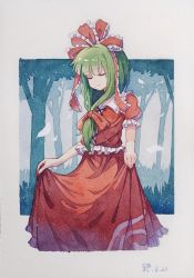 Rule 34 | 1546677594, 1girl, absurdres, breasts, closed mouth, cross-laced top, dated, closed eyes, forest, frilled ribbon, frilled shirt, frilled shirt collar, frilled skirt, frills, front ponytail, green hair, hair ribbon, highres, kagiyama hina, medium hair, nature, outdoors, painting (medium), print skirt, puffy short sleeves, puffy sleeves, red ribbon, red shirt, red skirt, ribbon, shirt, short sleeves, skirt, skirt hold, small breasts, solo, touhou, traditional media, tree, watercolor (medium)