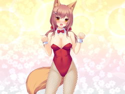 Rule 34 | 1girl, :d, animal ears, bare shoulders, blush, bow, bowtie, breasts, cleavage, clenched hands, collarbone, covered navel, cowboy shot, creampie (company), detached collar, facing viewer, female focus, fishnet legwear, fishnets, floral background, flower, fox ears, game cg, gradient background, grey background, grey hair, groin, hair bow, hair ornament, hairclip, hands up, happy, head tilt, highleg, highleg leotard, large breasts, legs apart, lens flare, leotard, long hair, looking at viewer, low twintails, midorikami inaho, open mouth, paw pose, pink background, playboy bunny, red bow, red bowtie, red leotard, root harem!, sayori (neko works), sideboob, sidelocks, smile, solo, standing, strapless, strapless leotard, tail, transformation, twintails, wrist cuffs, x hair ornament, yellow background, yellow eyes