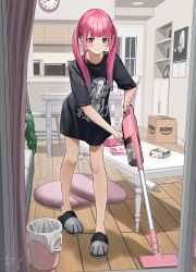 Rule 34 | 1girl, absurdres, black nails, black shirt, blush, box, brand name imitation, calendar (object), cardboard box, clock, closed mouth, colored tips, commentary request, full body, highres, hinamizawa hinami, holding vacuum cleaner, indoors, long hair, multicolored hair, nail polish, original, pillow, pink hair, purple hair, shirt, short sleeves, sidelocks, signature, slippers, solo, standing, table, tetto (onnoveltet), twintails, vacuum cleaner
