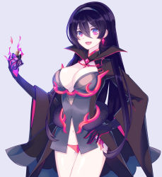 Rule 34 | 1girl, black gloves, black hair, blush, breasts, cleavage, creatures (company), earrings, elbow gloves, game freak, gen 7 pokemon, gloves, hairband, hands on own hips, highres, jewelry, large breasts, long hair, looking at viewer, merlusa, multicolored clothes, multicolored gloves, navel, nintendo, open mouth, panties, personification, pokemon, purple eyes, red gloves, red panties, salazzle, smile, solo, underwear