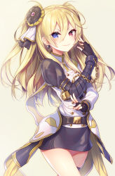 Rule 34 | 1girl, black gloves, black skirt, black thighhighs, blonde hair, blue eyes, border break, character request, commentary request, cowboy shot, earrings, fingerless gloves, floating hair, gloves, grey background, hair between eyes, hair ornament, heterochromia, highres, jewelry, long hair, looking at viewer, miniskirt, pencil skirt, red eyes, simple background, skirt, smile, solo, standing, star (symbol), tahya, thighhighs, twintails